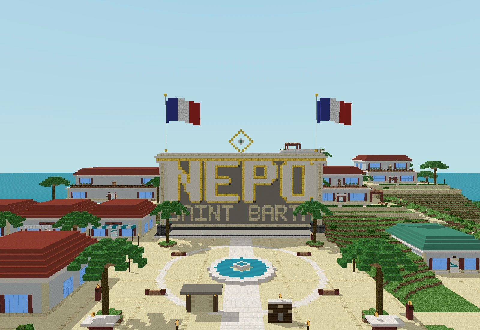 Matching block-model render of the NEPO arrival monument with two French flags, ivory lettering, gold edging and concealed lighting