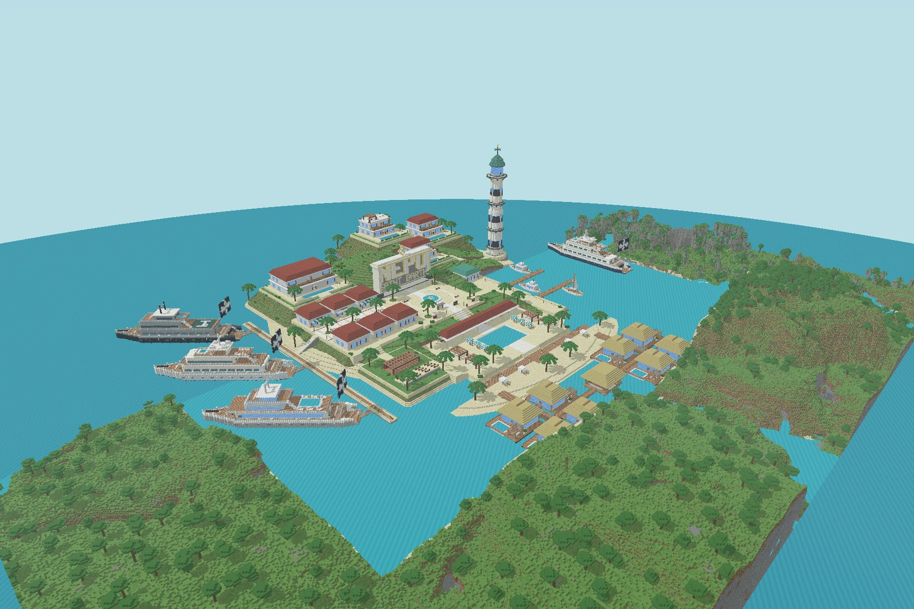 Block-model aerial render of Saint Barth with eight South Lagoon overwater villas, the NEPO monument, four superyachts and the Caribbean Crown lighthouse
