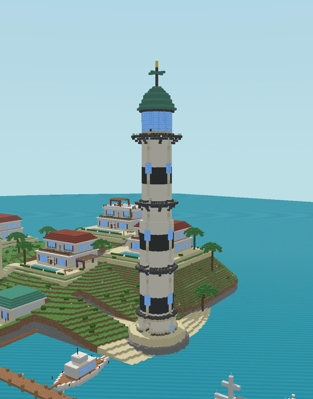 Block-model render of the tall ivory and dark stone Caribbean Crown lighthouse, with copper dome and three viewing balconies