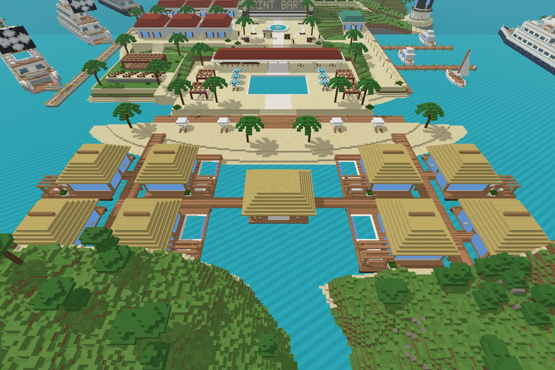 Block-model render of eight furnished South Lagoon overwater villas, connected piers, private plunge pools and a central pavilion along NEPO's southern beach