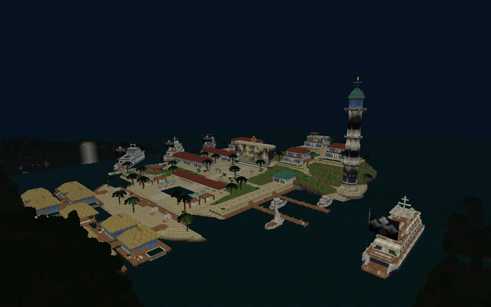 Night lighting render of NEPO spawn with softly illuminated paths, villas, yachts and the Caribbean Crown lighthouse